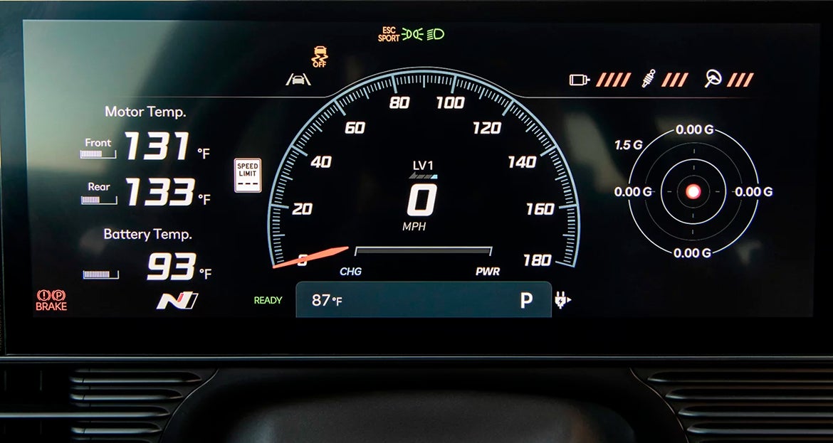 Panel digital del Hyundai IONIQ 5 N que muestra la temperatura de motores y batería.